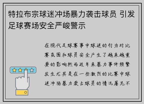 特拉布宗球迷冲场暴力袭击球员 引发足球赛场安全严峻警示