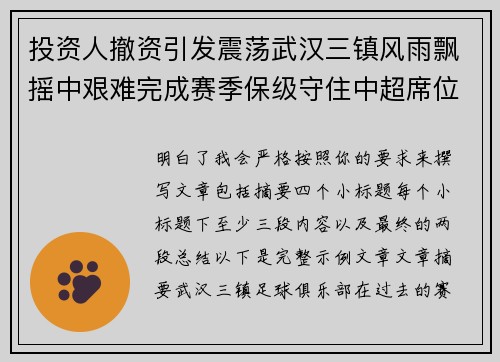 投资人撤资引发震荡武汉三镇风雨飘摇中艰难完成赛季保级守住中超席位